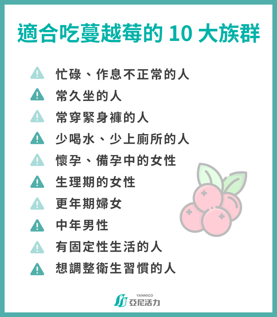 適合吃蔓越莓的 10 大族群  忙碌、作息不正常的人 常久坐的人 常穿緊身褲的人 少喝水、少上廁所的人 懷孕、備孕中的女性 生理期的女性 更年期婦女 中年男性 有固定性生活的人 想調整衛生習慣的人 